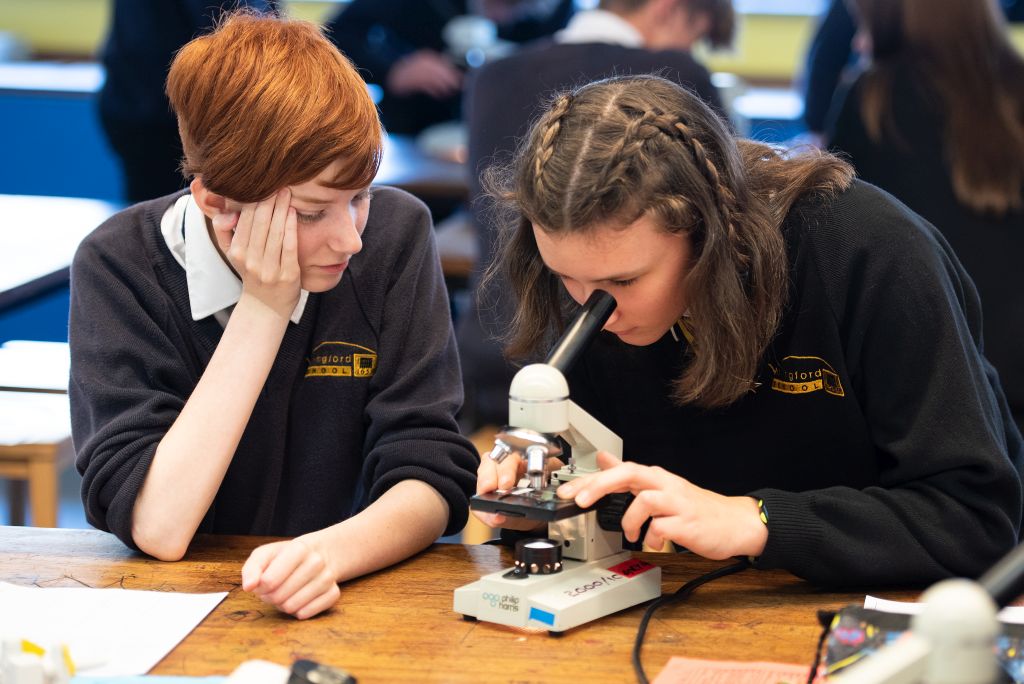 Students looking in a microscope