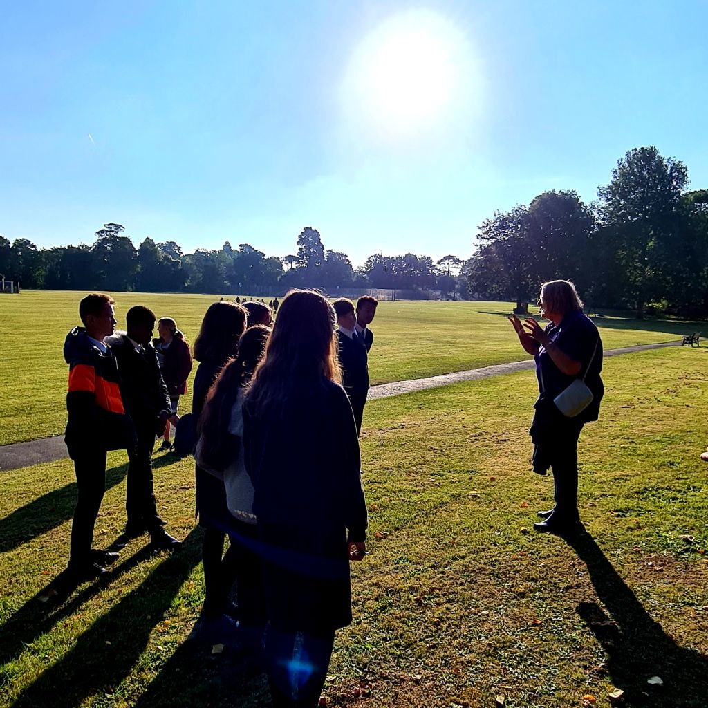 Judy Dewey from Wallingford Museum talks to the students in Bullcroft Park