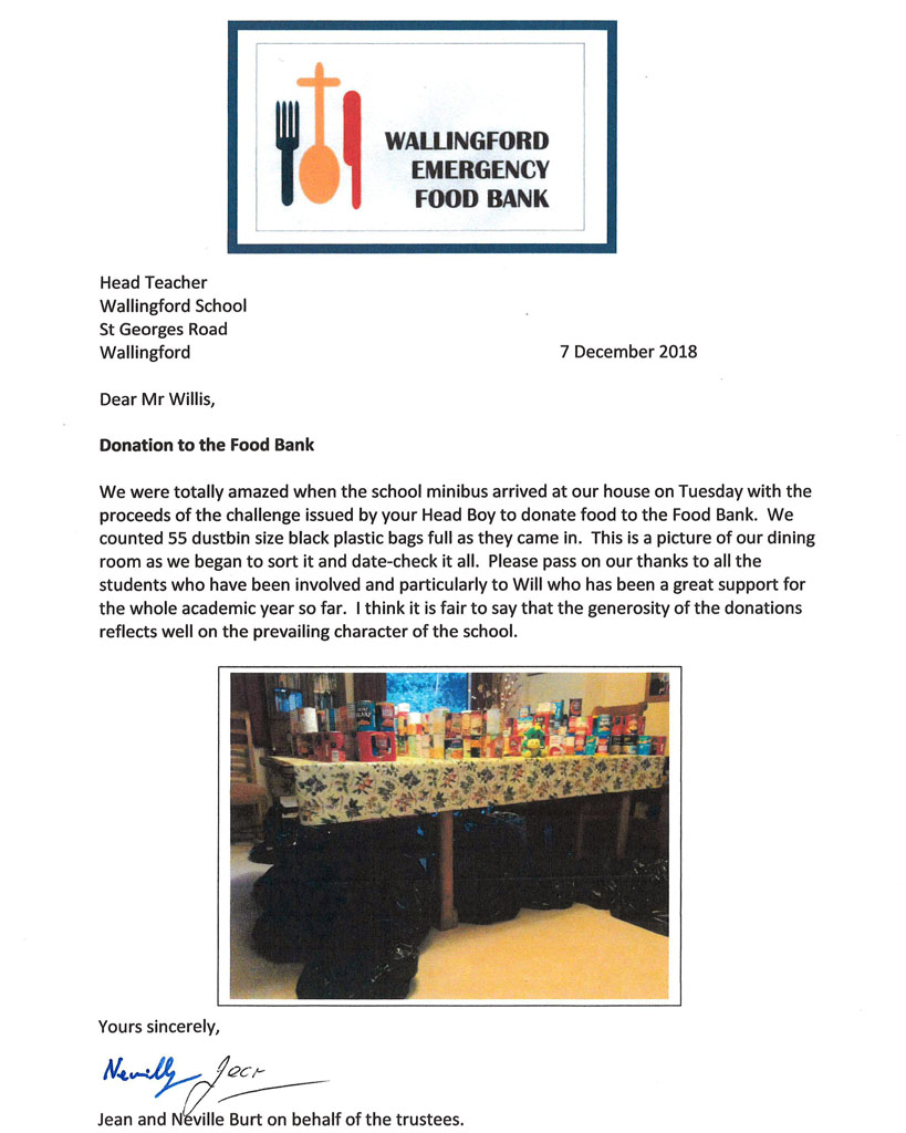 Wallingford Emergency Food Bank letter