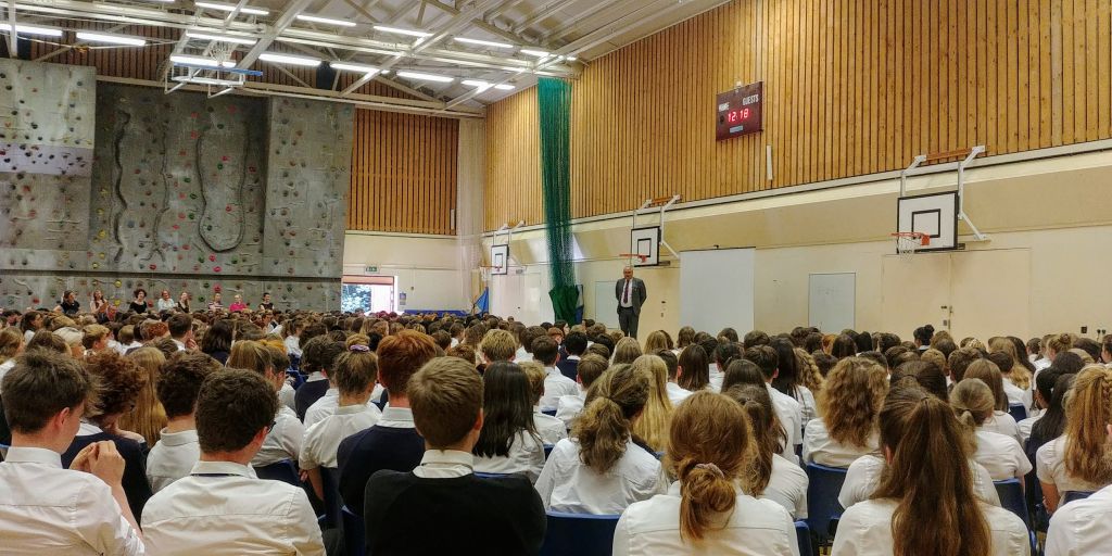 Final assembly in the sports hall, with Mr Willis