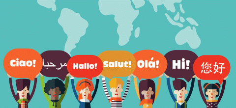 Cartoon characters holding up speech bubbles with "hello" in different languages.