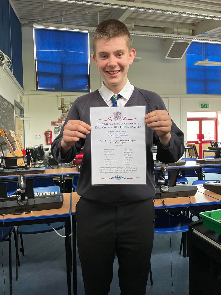 Charlie with his certificate of participation in the coronation ringing