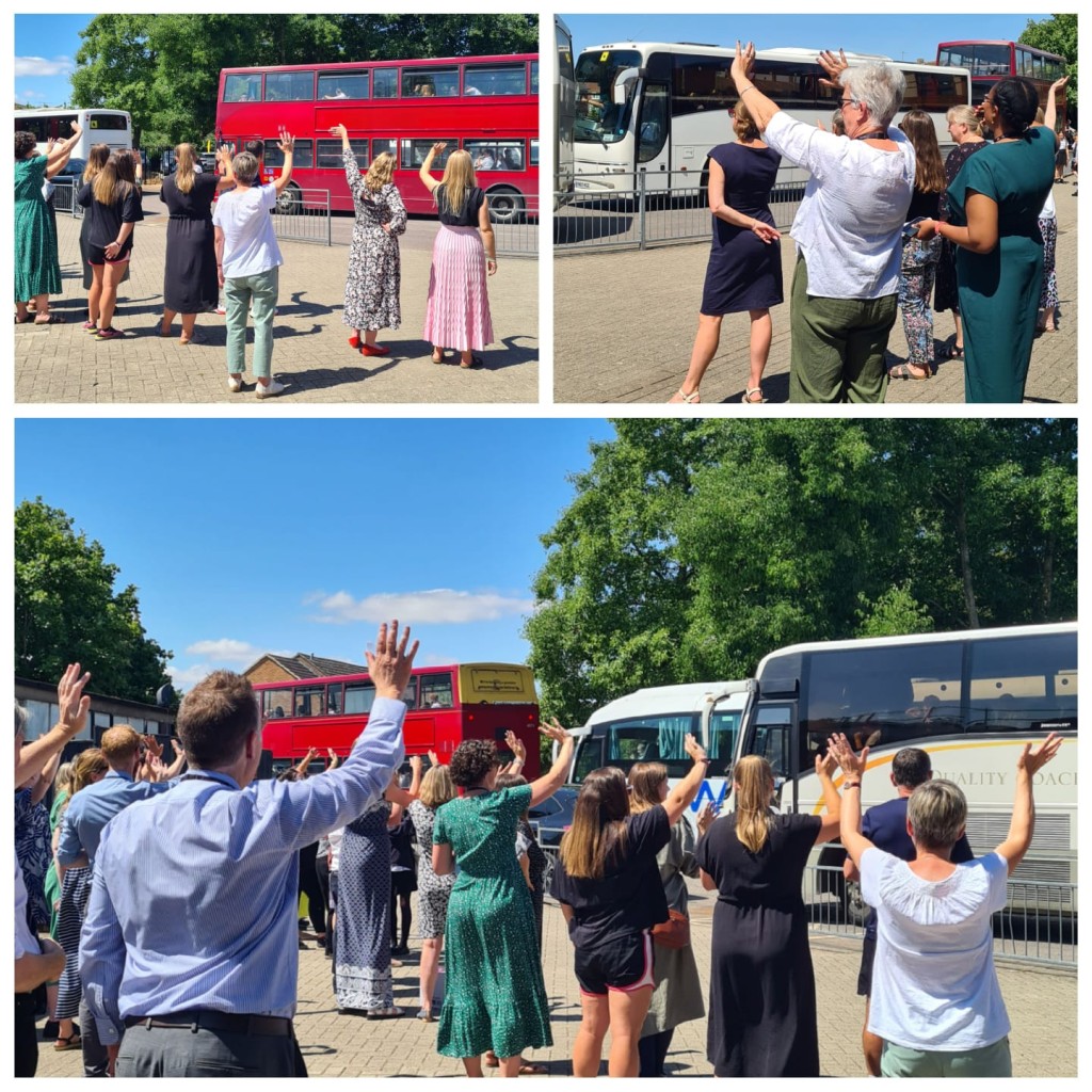 Three photos of staff waving off the students as they leave on school buses for summer.