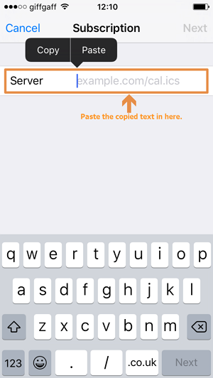 Paste the copied text into the Server box.